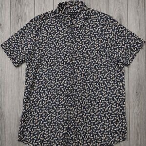 Perry Ellis 100% Linen Shirt Mens 2XL Blue Floral Button Up Short Sleeve Casual